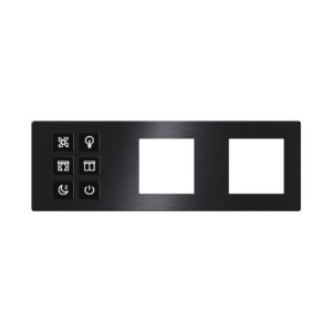 Bouton poussoir à clic série TIS-BUS 6 boutons dans trois cadres noir : Interrupteur à 6 boutons permettant le contrôle des lumières et des appareils connectés, avec une installation simple et intuitive.